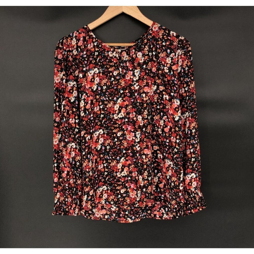 Pleione Women's Ditsy Floral Blouse M Black Red Boho Cottagecore Peasant Office